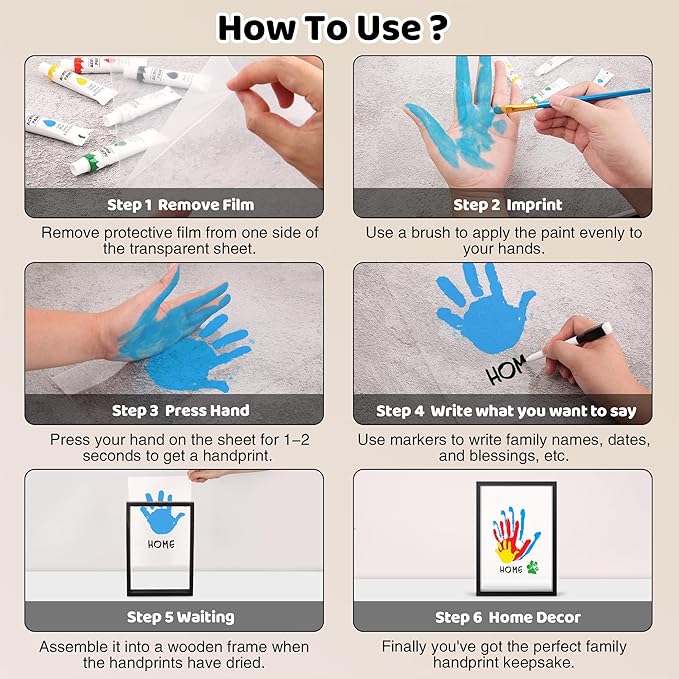Family Handprint Kit, DIY Craft Keepsake Wooden Frame, Personalized Hand Print Ornament, Family Gifts for New Parents, Grandma and Grandpa, Mother's Day Father's Day, 6 Safe & Non-Toxic Paint