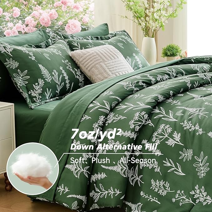 MUXHOMO Dark Green Cal King Comforter Set, Elegant Floral Print Bed in a Bag 7 Pieces, Ultra Soft & Breathable Reversible Botanical Pattern Bedding Set with Comforter, Sheets, Pillowcases, and Shams