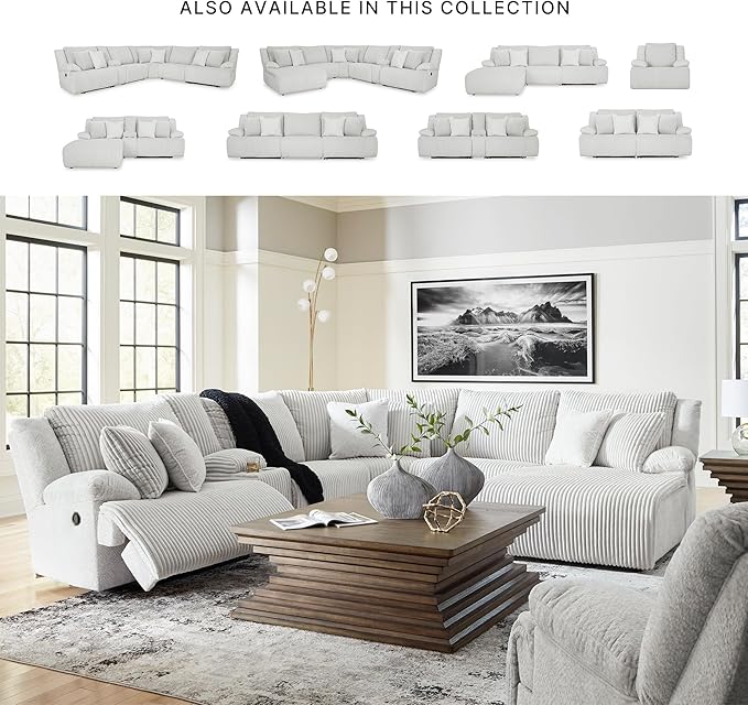 Signature Design by Ashley Top Tier Casual Manual Left-Arm Facing 4-Piece Reclining Sectional with Chaise, Console, Storage, 2 Cup Holders and 4 Accent Pillows, Light Gray