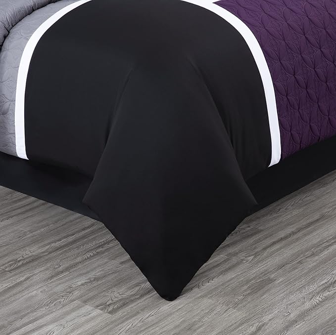 Chezmoi Collection Upland 7-Piece Quilted Patchwork Comforter Set, Purple/Black/Gray, Oversized King