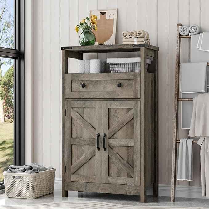 Vabches Small Cabinet with Drawer - Side Storage Organizer, Farmhouse Rustic Style, Grey for Bathroom, Kitchen, Living Room