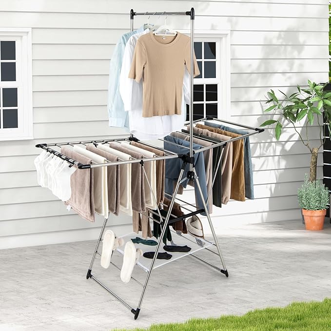 Tangkula 2-Layer Stainless Steel Drying Rack, Foldable Laundry Rack w/ 1 Hanging Bar & 2 Height-Adjustable Wings, 23 Drying Rails, Netting Clothe Drying Rack, No Assembly Required