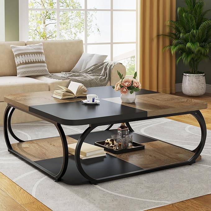 Tribesigns Square Coffee Table with Open Storage Shelf for Living Room, 39 Inch Large Wood Center Table 2 Tier Low Coffee Tables Farmhouse Tea Table with Metal Frame for Home Office, Black Light Brown