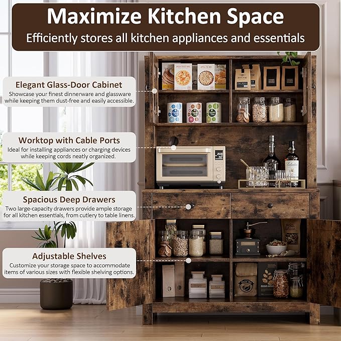 IDEALHOUSE 63" Kitchen Pantry Cabinet with Drawers, Hutch Cabinet with Storage, Microwave Stand, Adjustable Shelves, Freestanding Tall Pantry Storage for Dining Room, Living Room, Brown