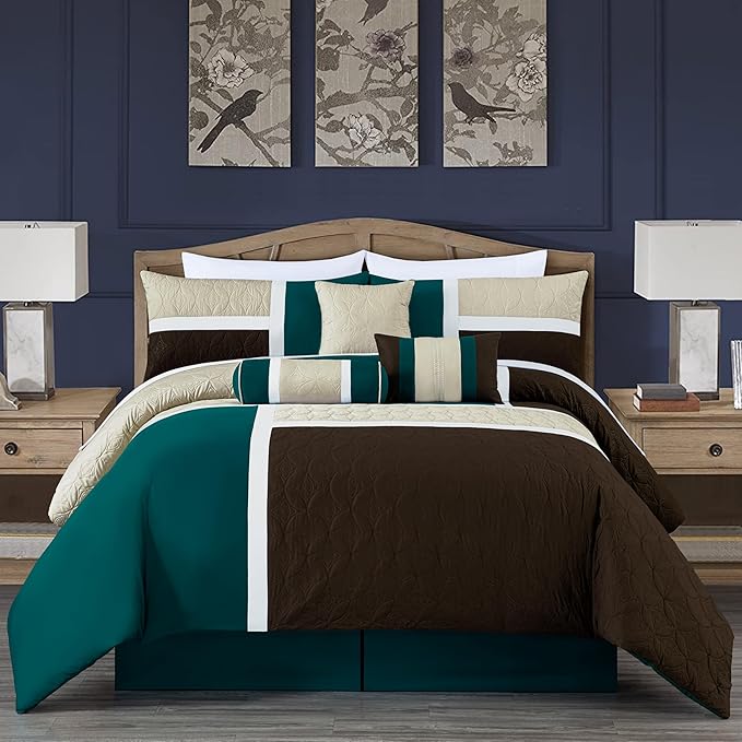 Chezmoi Collection Upland 7-Piece Quilted Patchwork Comforter Set, Teal/Beige/Brown, Oversized King