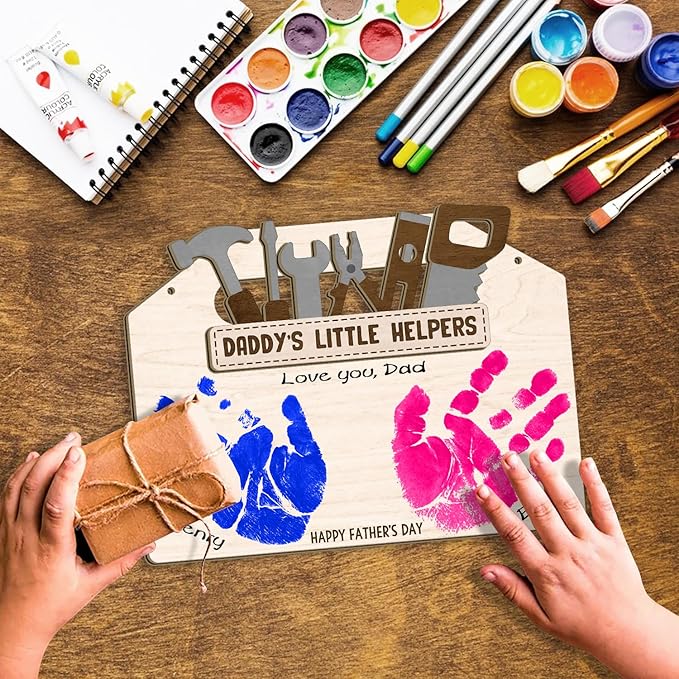DIY Daddy's Little Helpers Tool Box Craft Plaque Baby Handprint Gifts for Mechanic Dad, First Fathers Day Art Craft Sign for Mechanic Papa, Daddy's Toolbox Tool Set Craft with Kids Handprint Keepsake