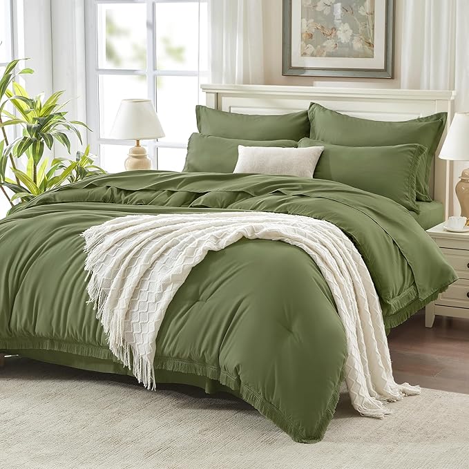 Andency Full Size Comforter Set with Sheets Olive Green -7 Pieces Bed in a Bag Boho Tassel Bedding Sets, All Season Fringe Bed Set with Comforter, Sheets, Pillowcases & Shams