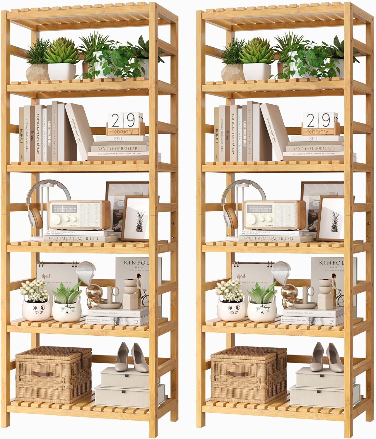 FOTOSOK 6-Tier Bamboo Shelf Set of 2, Bamboo Bookcase with Adjustable Shelves, Free Standing Storage Shelf Unit and Plant Flower Stand, Tall Large Bookshelf for Kitchen, Bathroom, Home Office, Natural - Décor Diaries