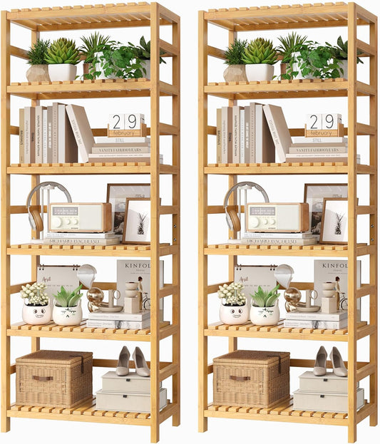 FOTOSOK 6-Tier Bamboo Shelf Set of 2, Bamboo Bookcase with Adjustable Shelves, Free Standing Storage Shelf Unit and Plant Flower Stand, Tall Large Bookshelf for Kitchen, Bathroom, Home Office, Natural - Décor Diaries
