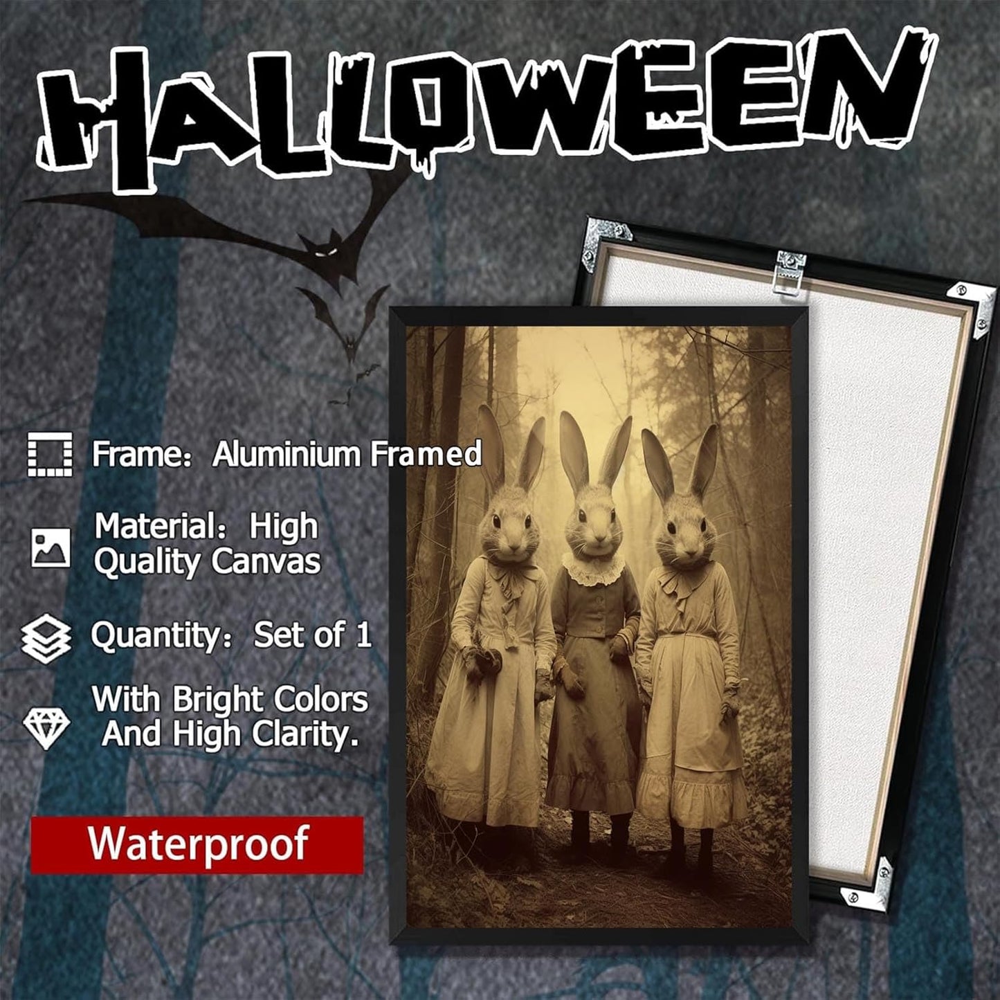 Vintage Horror Spooky Three Rabbits In Occult Forest Spooky Canvas Wall Art Poster Gothic Dark Academia Decorations Room Creepy Print Retro Halloween Wall Decor 16X24inch Aluminum Framed