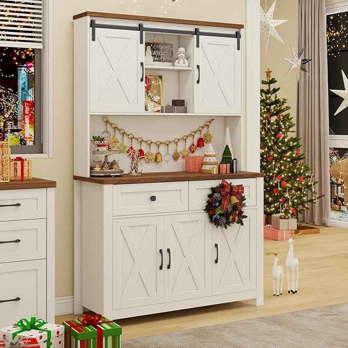 Vabches 67.7 Inch Farmhouse Pantry Storage Cabinet with Sliding Barn Doors, 2 Drawer Farmhouse Coffee Cabinet with Adjustable Shelf, Side Board with Buffet Cupboard for Kitchen, Livingroom, White