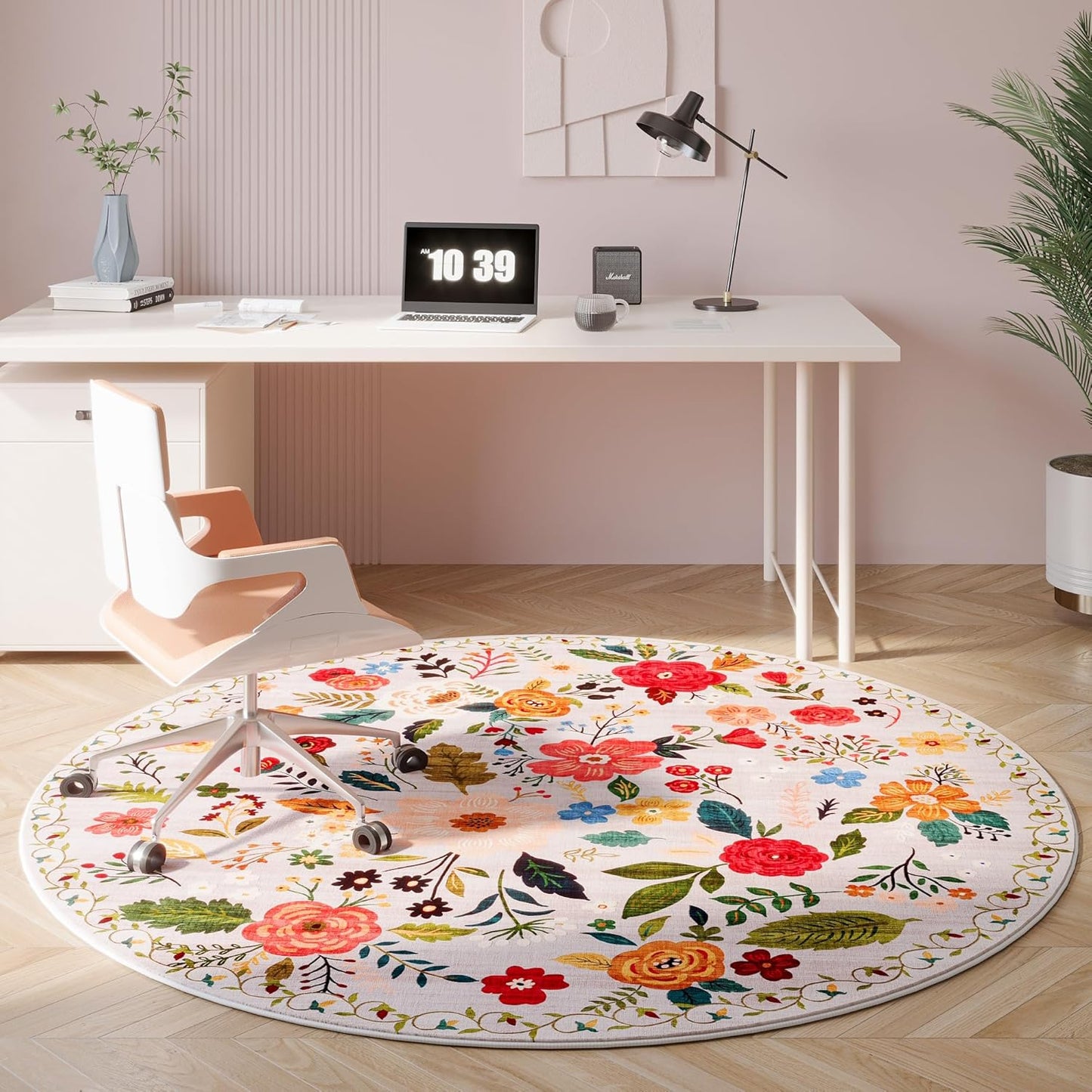 Round Rug 4ft Washable Circle Rug Non Slip Low Pile Boho Floral Small Circular Rug for Bedroom, Bathroom, Entryway, Kids Room, Office, College Dorm(Beige)