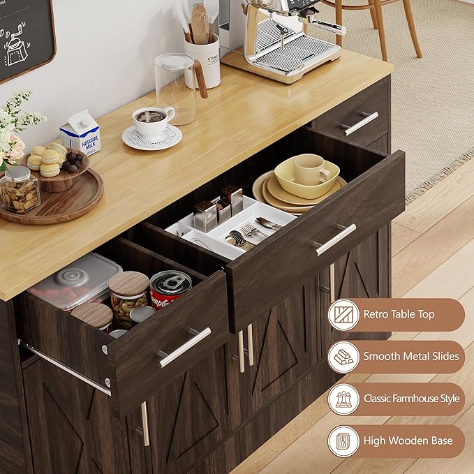 Shintenchi Buffet Cabinet with Storage,53.4" Large Kitchen Storage Cabinet with 3 Drawers and 4 Doors,Wood Farmhouse Buffet Sideboard with Adjustable Shelf for Kitchen Living Room, Brown