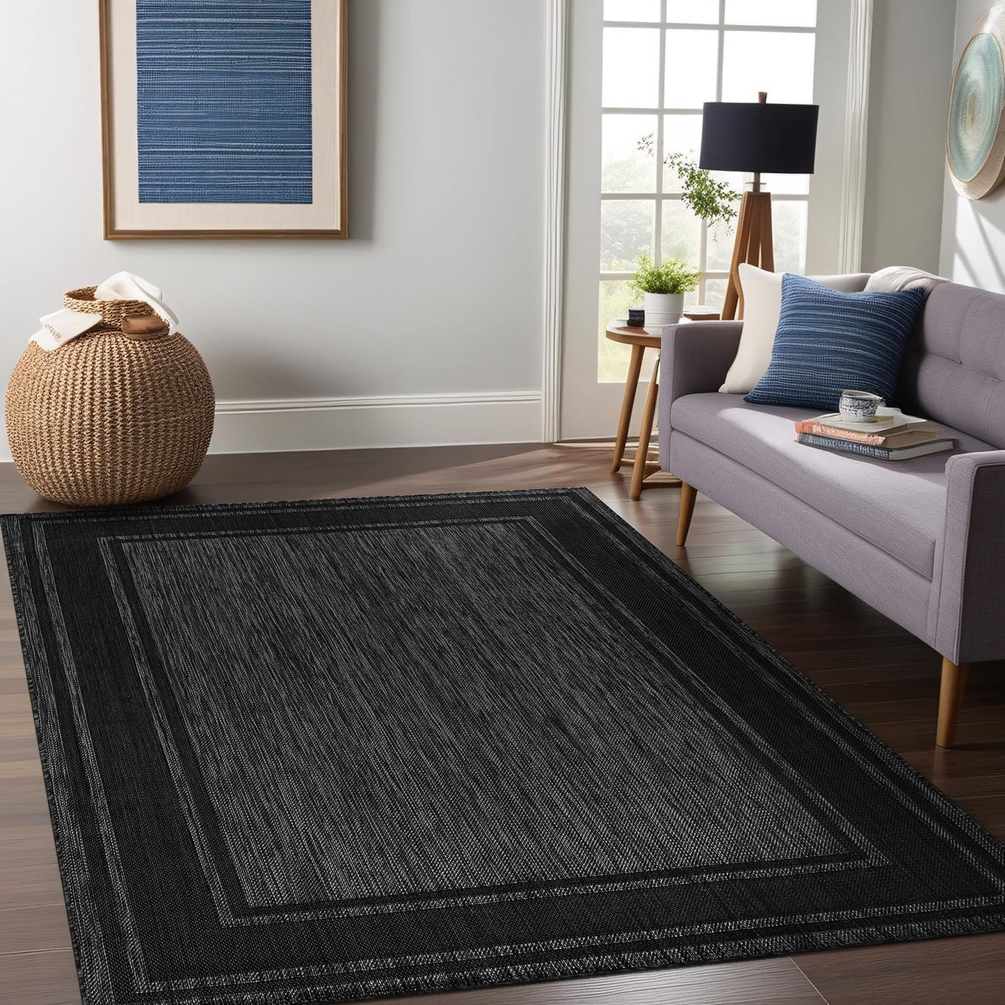 Beverly Rug Outdoor Rug 8x10 Modern Bordered Area Rugs for Indoor and Outdoor Patio Deck Porch Garden Waterproof Weather Sun Resistant Washable Outside Carpet (8 x 10 Black)