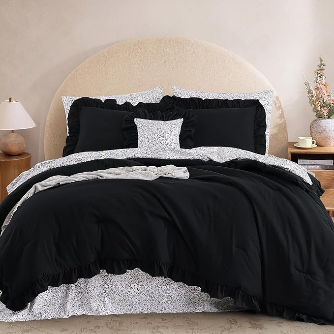 Queen Comforter Set - 7 Pieces Ruffle Black Bedding Sets, Shabby Chic Farmhouse Bed in a Bag Queen with Ruffle Comforter, Floral Sheets, Pillowcases & Shams
