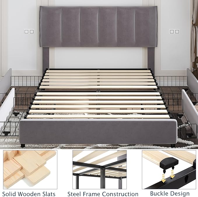 VECELO Full Size Bed Frame with 4 Storage Drawers, Adjustable Height Headboard, Heavy-Duty Platform Bedframe with Strong Wooden Slats, No Box Spring Needed, Dark Grey