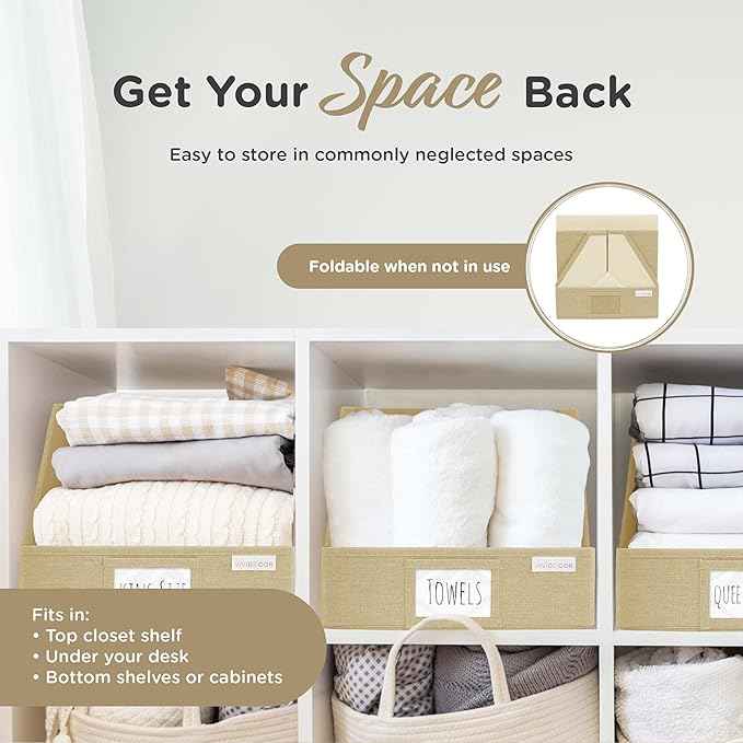 Trapezoid Storage Bins – 3-Pack Closet Shelf Organizer & Baskets, Open Front Bin for Shelves, Foldable Fabric Basket for Clothes, Cube Storage Bins, Towel, Clothing Shelf (Beige, 3 Pack)