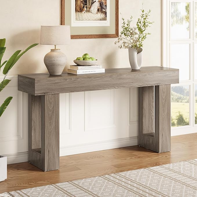 LITTLE TREE 63-Inch Long Console Tables for Entryway, Large Sofa Table Behind Couch, Grey Wooden Entry Foyer Hallway Table, Industrial Console Sofa Tables for Living Room