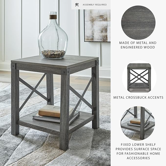 Signature Design by Ashley Freedan Rustic Square Farmhouse End Table, Wood, Metal Crossbuck Accents, Lower Display Shelf, 22.63" High, Gray
