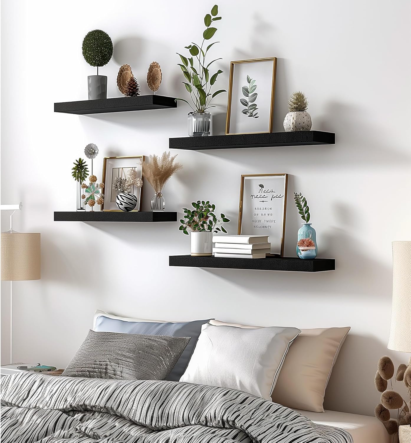 Wood Floating Shelves for Wall Decor, Rustic Wall Shelves for Bedroom Bathroom Kitchen Living Room, Set of 6 Black - Décor Diaries