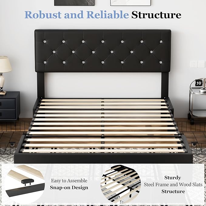 VECELO Queen Size Bed Frame with Storage Drawers, Leather Upholstered Bedframe with Diamond Tufted Headboard, Solid Wood Slat Support, No Box Spring Needed, PU Black