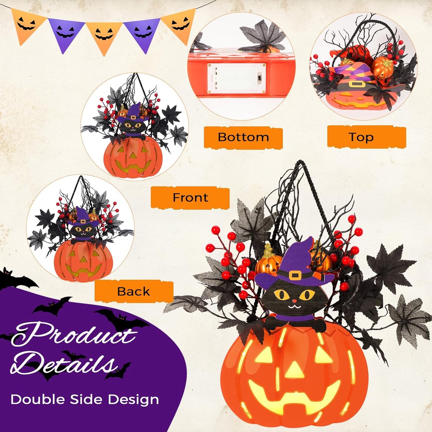 Halloween Pumpkin Decorations, Lighted Jack-O-Lantern with Maple Leaves Berries Black Cat, Halloween Door Sign Wood Pumpkin Lights for Front Door Indoor Outdoor Yard Party Cartoon Hanger Decor