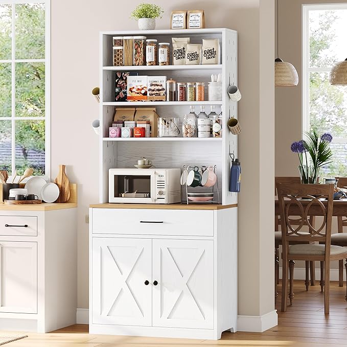 IRONCK Bakers Rack Microwave Stand Storage and Customizable Pegboard, 71" Farmhouse Coffee Bar Cabinet with Drawer, Barn Doors, Adjustable Shelves for Kitchen, Dining Room, White