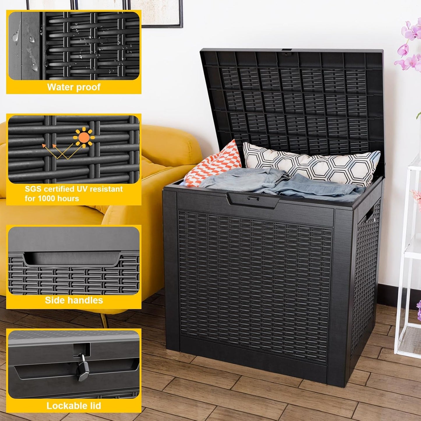 Vixzen 31 Gallon Resin Deck Box, Lockable Outdoor Storage Box for Patio Cushions Storage Furniture,Garden Tools, Pool Supplies, Weatherproof and UV Resistant- Black