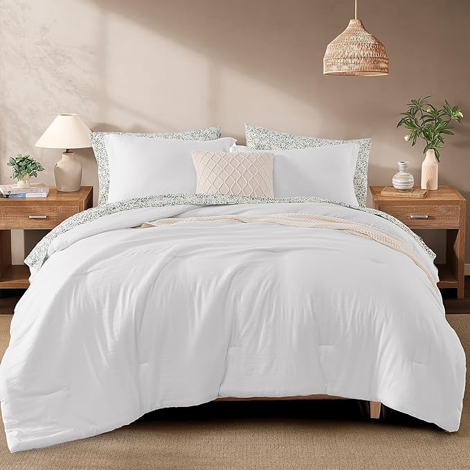Monbix King Size Comforter Set - 7 Pieces White Prewashed Bed in a Bag King Bedding Sets with Comforters, All Seasons Ultra Soft Comforter Bed Set with Sheets, Pillowcases & Shams