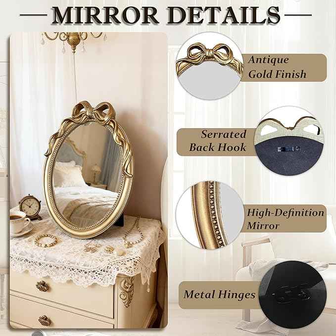 Vintage Vanity Desk Mirror - 13x10 Inch Wall-Mounted & Tabletop Decorative Ornate Champagne Gold Accent Retro Makeup Mirror for Bedroom Dresser Bathroom Living Room Dorm Oval