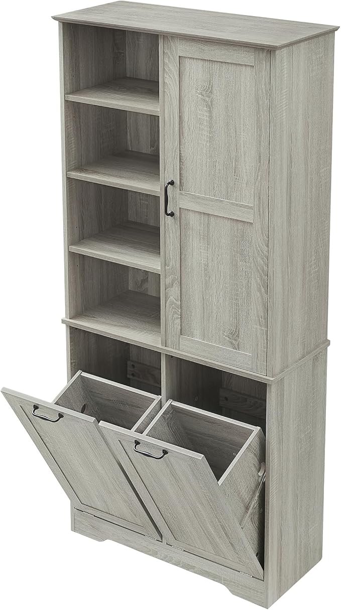 68" Tall Bathroom Storage Cabinet with Two Doors and Two Laundry Hampers for Home Display Organizer, Adjustable Shelf, Oak