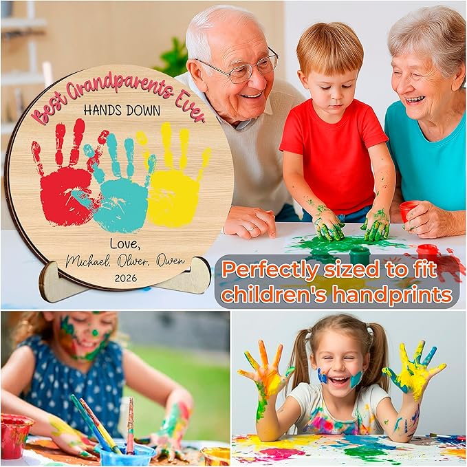 Personalized Hands Down Best Grandma Ever Handprint Kit with Non-Toxic Paint, Family Craft Wooden Sign, Fathers Day Handprint Plaque Keepsake, Valentines Day Birthday Gift for Mom, Dad, Grandma, Nana