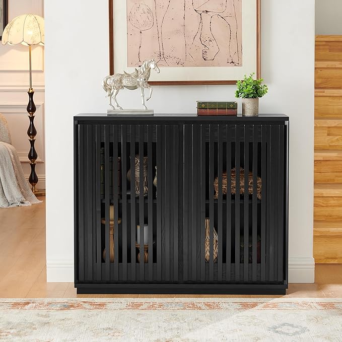 Ball & Cast 39" Narrow Sideboard Cabinet with Storage, Mid Century Modern Buffet Credenza Cabinet w/Fluted Doors & 2 Outlet Holes,for Living Room,Dining Rooms, Entryway, Kitchen Coffee Bar, Black