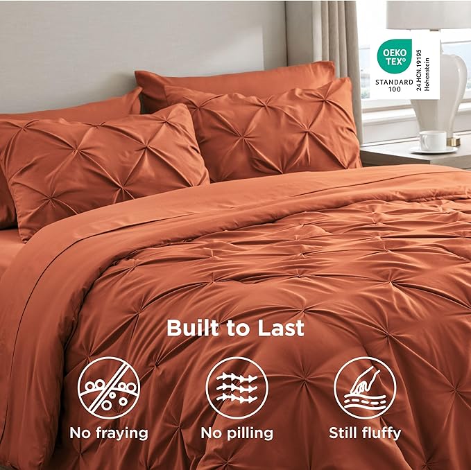 Bedsure California King Comforter Set Burnt Orange - Bed in a Bag Cal King Bedding Set 7 Pieces, GentleSoft™ Pintuck Bed Set Gift for Family, Pinch Pleat Comforter with Sheets, Pillowcases & Shams