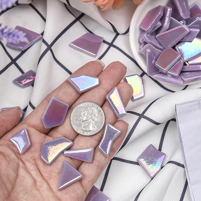 Youway Style Iridescent Purple Glass Mosaic Tiles for Crafs Bulk,200g Broken Stained Glass Pieces for Crafts DIY Mosaic Art Decor