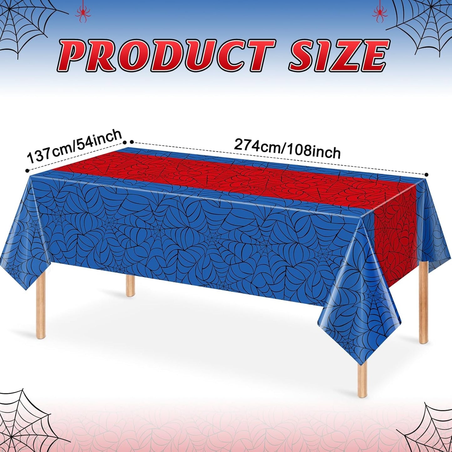 6Pcs Spider Web Themed Birthday Party Tablecloth Decorations,Blue Hero Plastic Table Cover with Red Runner Disposable Rectangle Table Cloth for Baby Shower Kids Boy Birthday Party Supplies,54x108 Inch