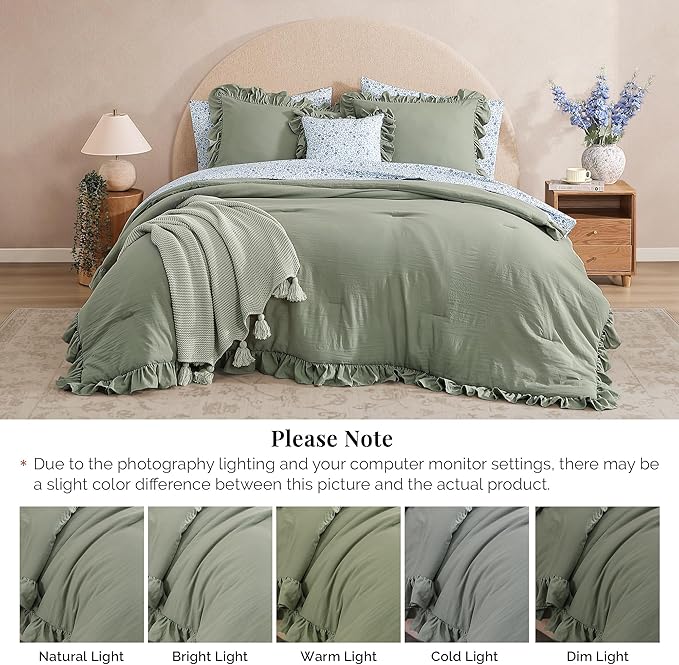 Oversized King Comforter Set - 7 Pieces Ruffle Sage Leaf Bedding Sets, Shabby Chic Farmhouse Bed in a Bag with Ruffle Comforter, Floral Sheets, Pillowcases & Shams