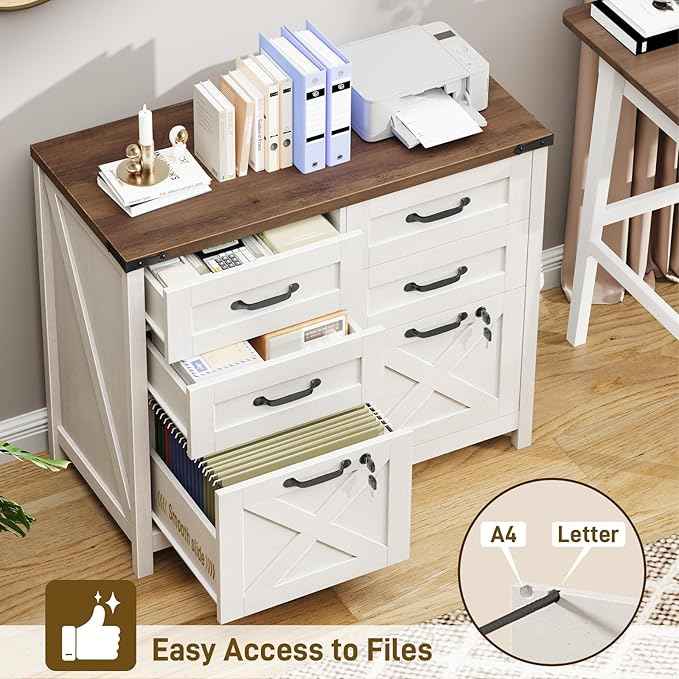 Vabches Lateral File Cabinet with 6 Drawers, Farmhouse File Cabinet with Lock for Letter/A4 Size, Large Wood File Storage Cabinets Printer Stand for Home Office Cabinets, Rustic White