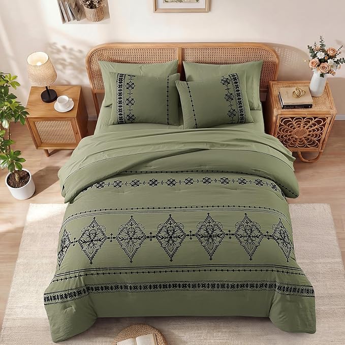 MaiRêve Queen Size Comforter Set Olive Green, Embroidery Floral Western Boho Bedding Set, All Season 7 Pieces Bed in a Bag with Sheets, Pillowcases & Shams
