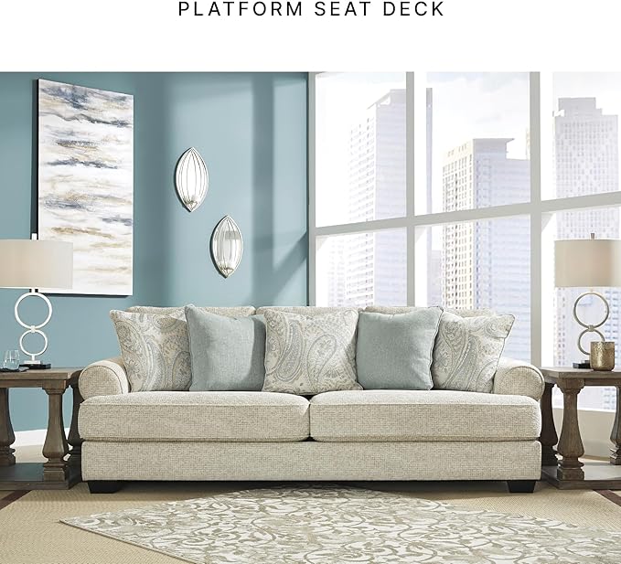 Signature Design by Ashley Monaghan Vintage Sofa with Accent Pillows, Reversible Cushions and Rolled Arms, Beige