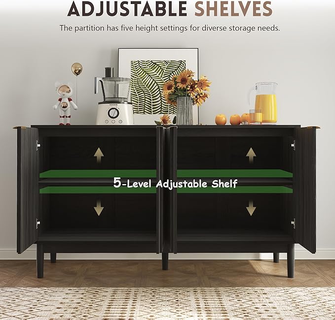 Fluted Cabinet with Storage, Small Buffet Cabinet Sideboard with Door, Kitchen Buffet Storage Accent Cabinets with Adjustable Shelves for Living Room, Entry, Hallway,Black