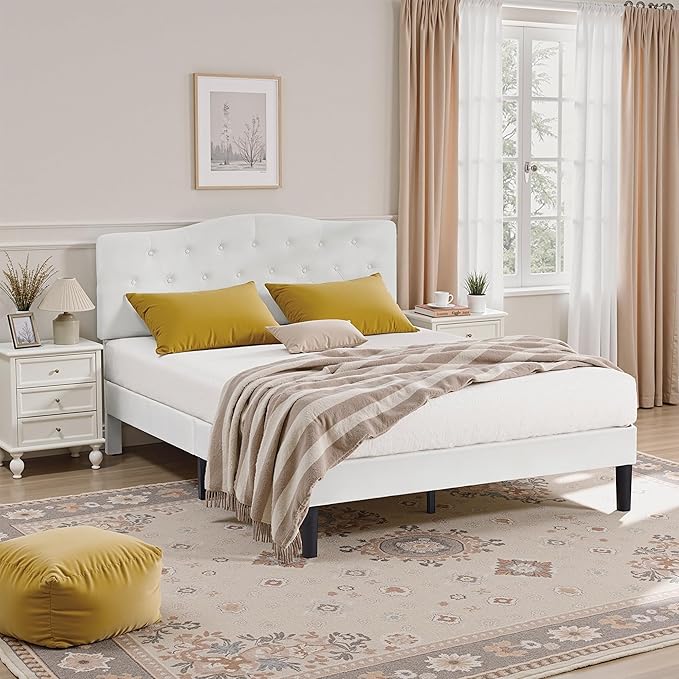 VECELO Queen Size Bed Frame with Upholstered Headboard, Velvet Platform Bedframe Mattress Foundation, Sturdy Wooden Slats Support,No Box Spring Needed Noise Free/Easy Assembly, White