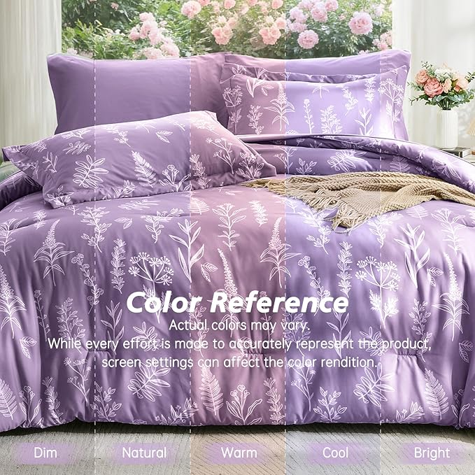 MUXHOMO Grayish Purple Bed in a Bag King 7 Pieces, King Comforter Set Reversible Botanical Flowers Design, Ultra Soft & Breathable Bedding Sets with Comforter, Sheets, Pillowcases & Shams
