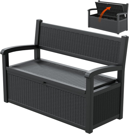 70 Gallon Lockable Outdoor Storage Bench Waterproof, Deck Box Bench for Patio, Porch, Garden, Poolside, Stores Tools & Pool Supplies, Heavy-Duty Outdoor Bench with Storage, Black