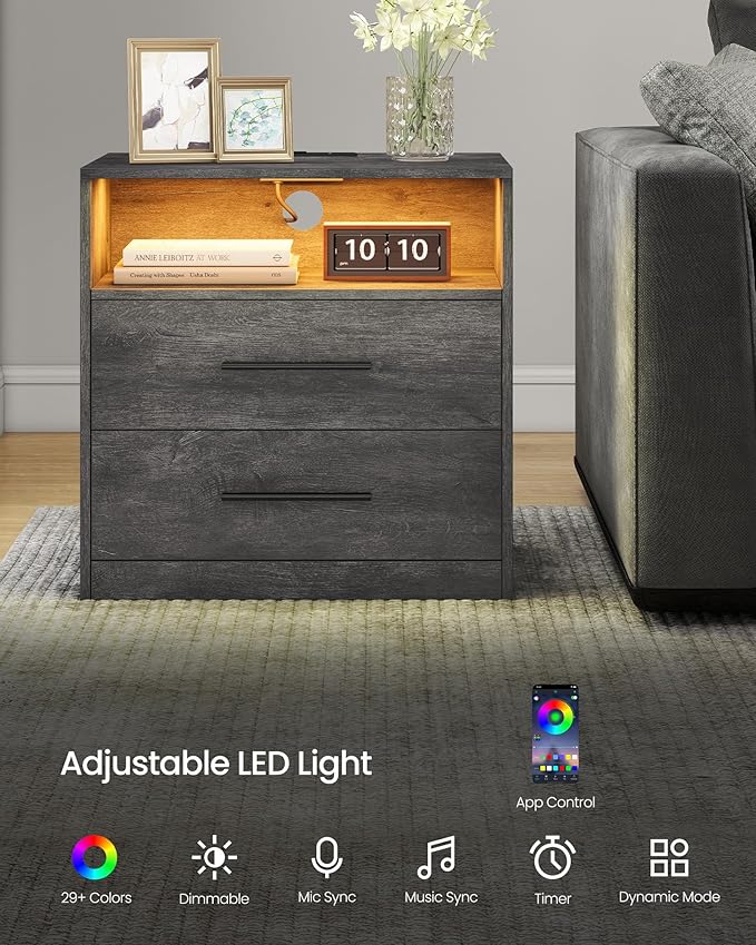 VASAGLE Custos Collection - Nightstand with Charging Station, LED Lights, Modern Night Stand, Side End Table with Drawers, Open Shelf, 2 AC Outlets USB Ports, Misty Gray ULET639GW01S