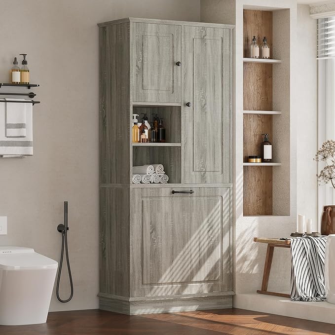 68" Tall Bathroom Storage Cabinet with Two Doors and Laundry Hamper for Home Display Organizer, Adjustable Shelf, Oak