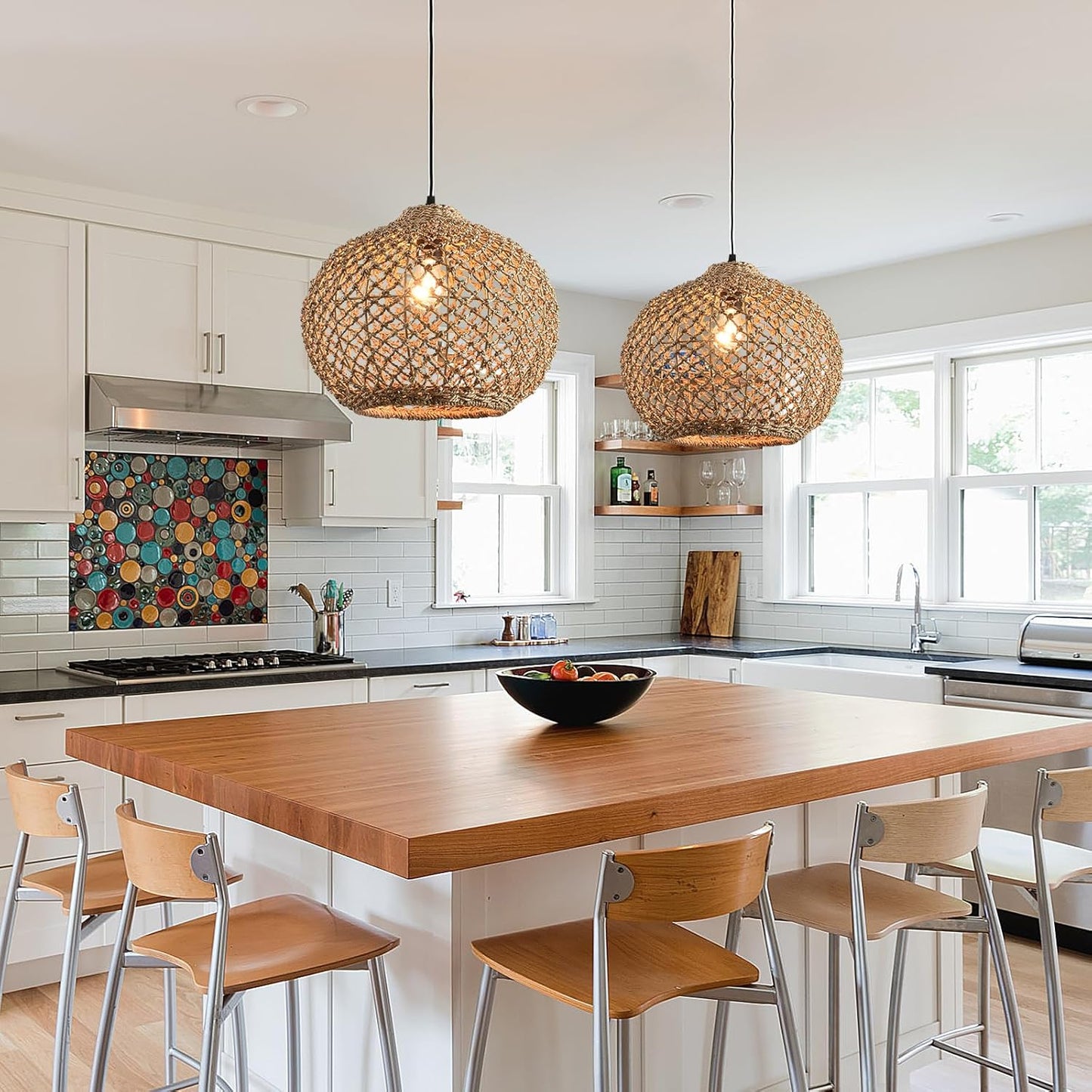 1-Pack 13.79” Rattan Pendant Light Fixture,1-Light Bohemian Handmade Woven Bamboo Wicker Suspension Farmhouse Chandelier for Kitchen Island Bedroom Living Room