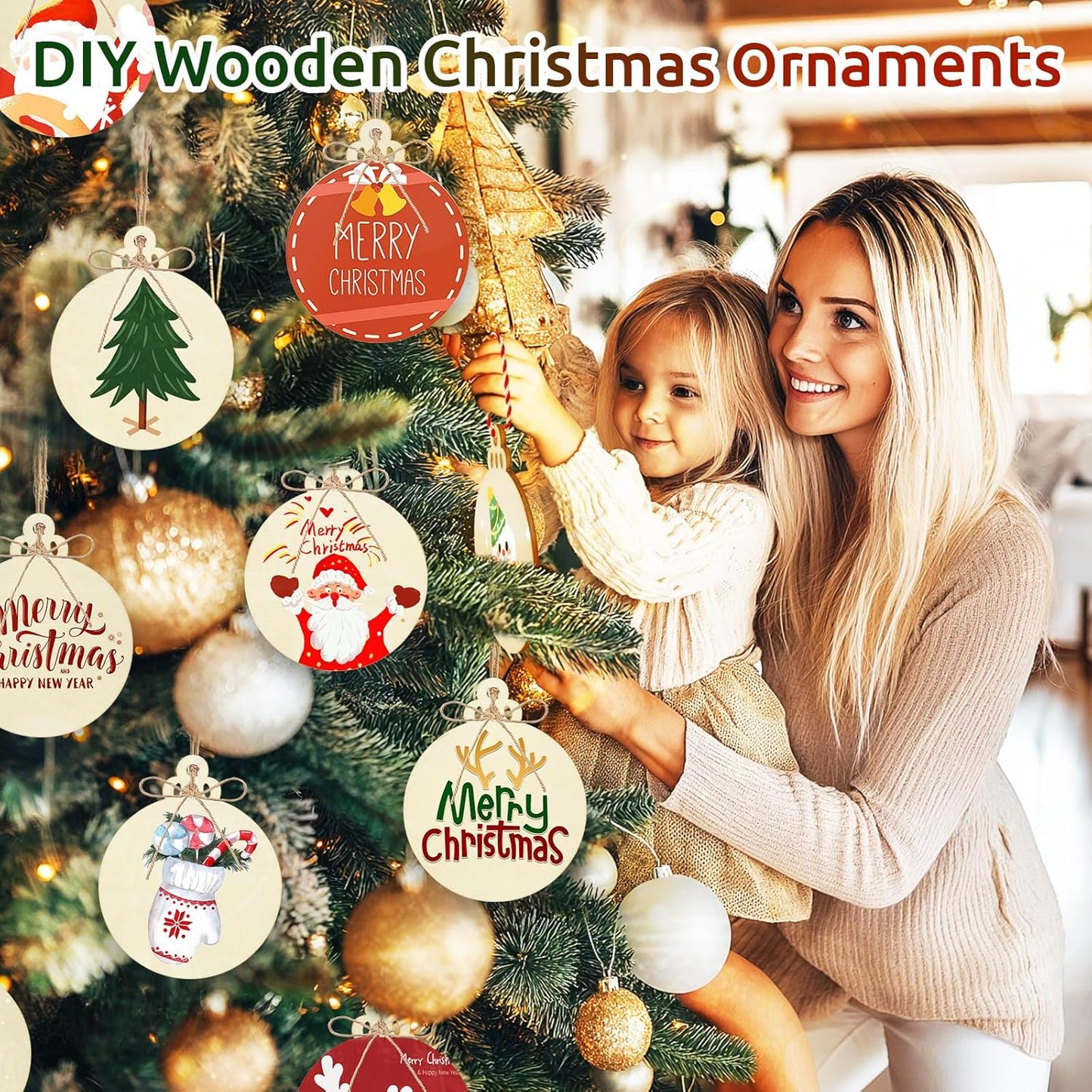 Philorn 50pcs Wooden Ornaments for Crafts 3.5" Unfinished DIY Wooden Christmas Ornaments, Predrilled Wood Slices Circles for Crafts Paint Holiday Hanging Decorations (50pc Christmas Ball)