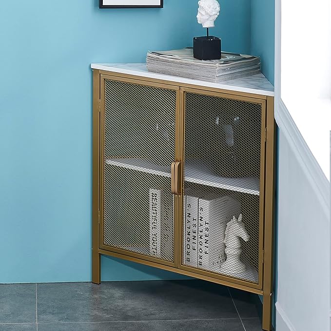 VECELO Corner Cabinet Table with 3-Tier Shelf, Freestanding Storage Organizer for Small Space in Living Room/Bedroom/Kitchen, Two Doors, Gold