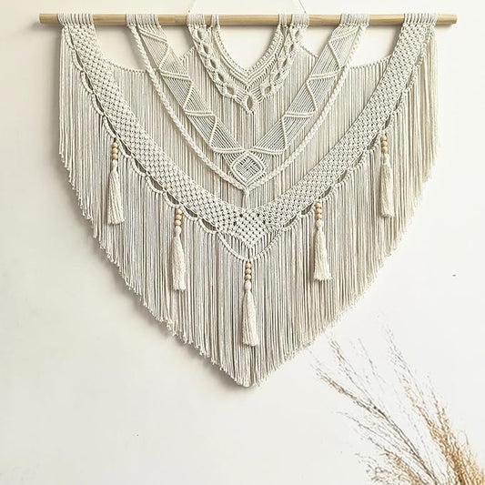 large macrame wall hanging - Boho Tapestry Macrame Wall Decor Art- Chic Bohemian Handmade Woven Tapestry Home Decoration for Bedroom Living Room Apartment Wedding Party - 43"x40" (Bead Fringe)